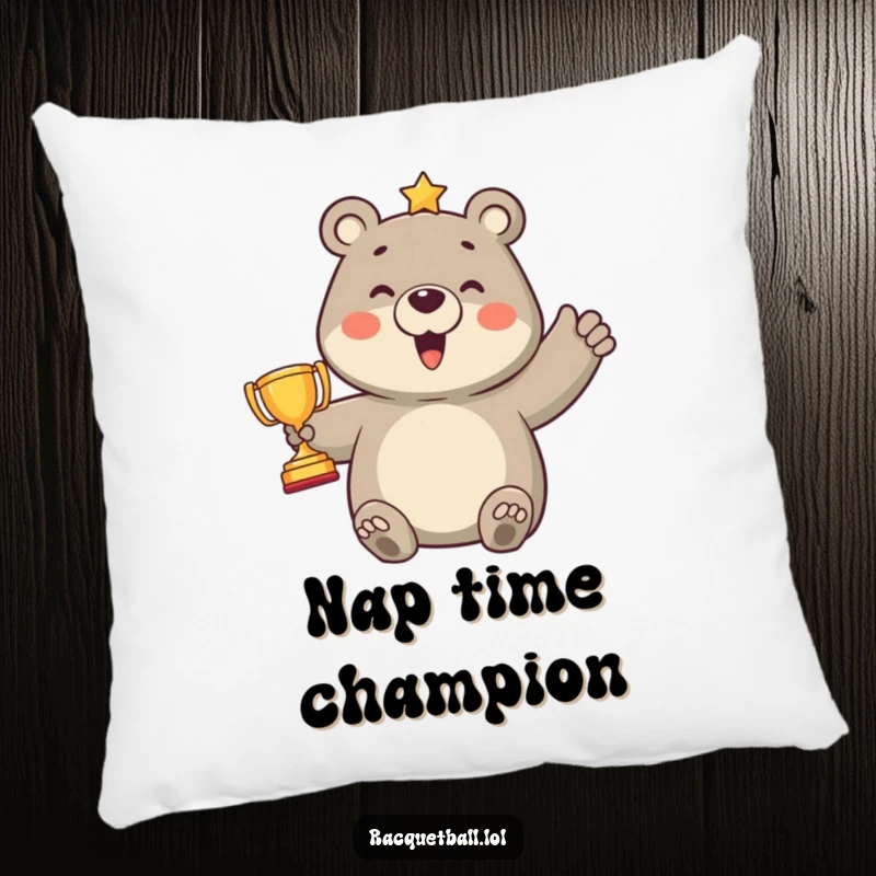 Funny pillow featuring a proud bear character holding a miniature trophy after scoring a point, bringing humorous sports celebration to any seating area.