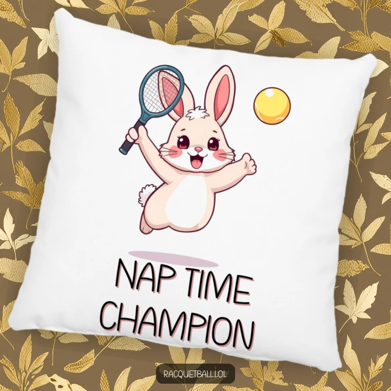 Funny rabbit tennis pillow showing a fluffy, excited bunny leaping with a tennis racquet in a dynamic pose.