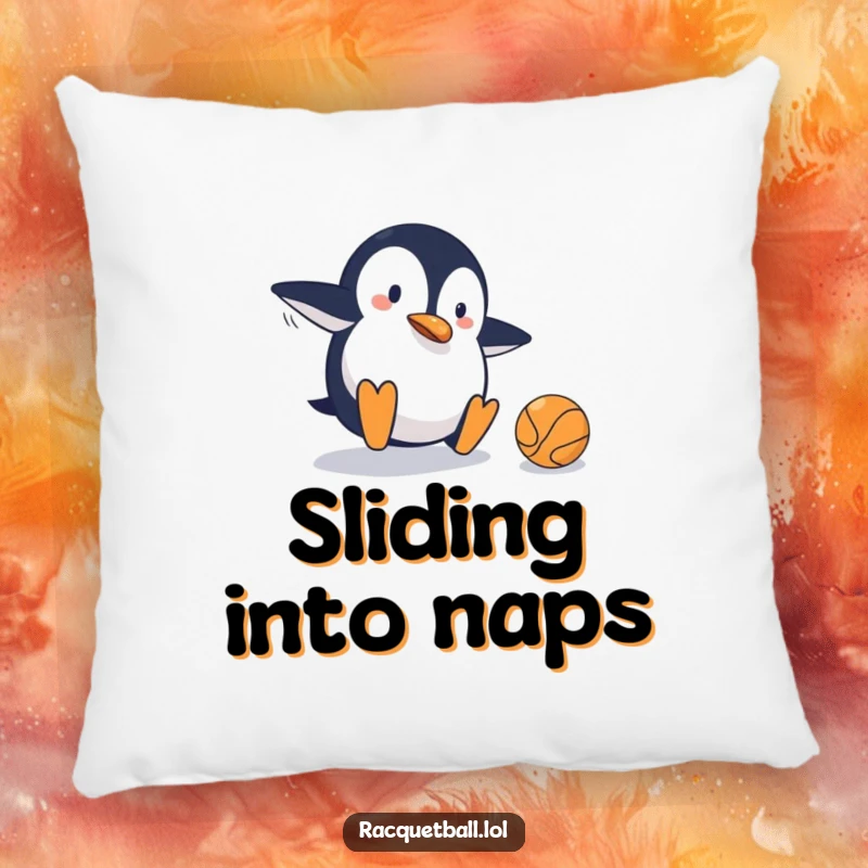 Funny pillow featuring a clumsy penguin sliding on a tennis court, narrowly missing the ball, bringing humorous sports action to any seating area.