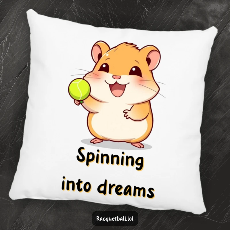 Funny hamster racquetball pillow showcasing a joyful hamster spinning a ball, perfect for adding sports-themed comfort and cheerful humor to any space, a great gift.