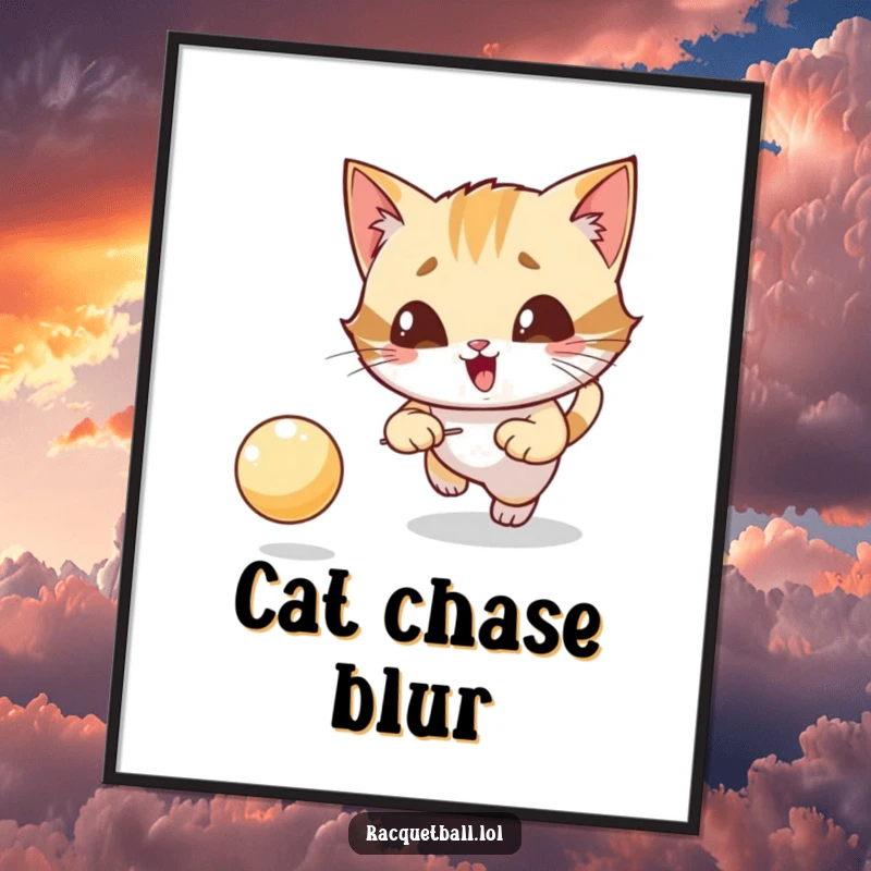 Funny digital art print of a giggling cat character intensely focused on chasing a bouncing ball, instant decor.