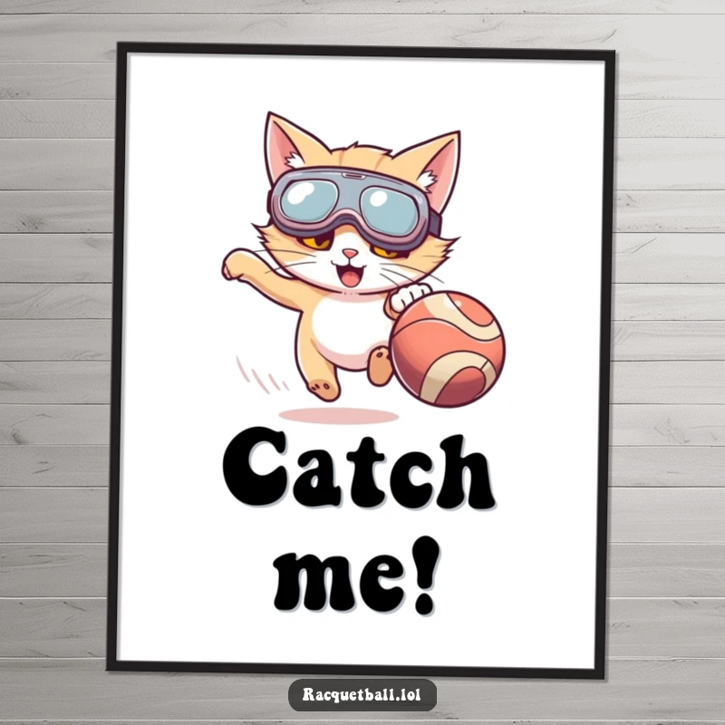 Funny digital art print of a cat with oversized goggles enthusiastically chasing a fast-moving ball, perfect for humorous, energetic decor.