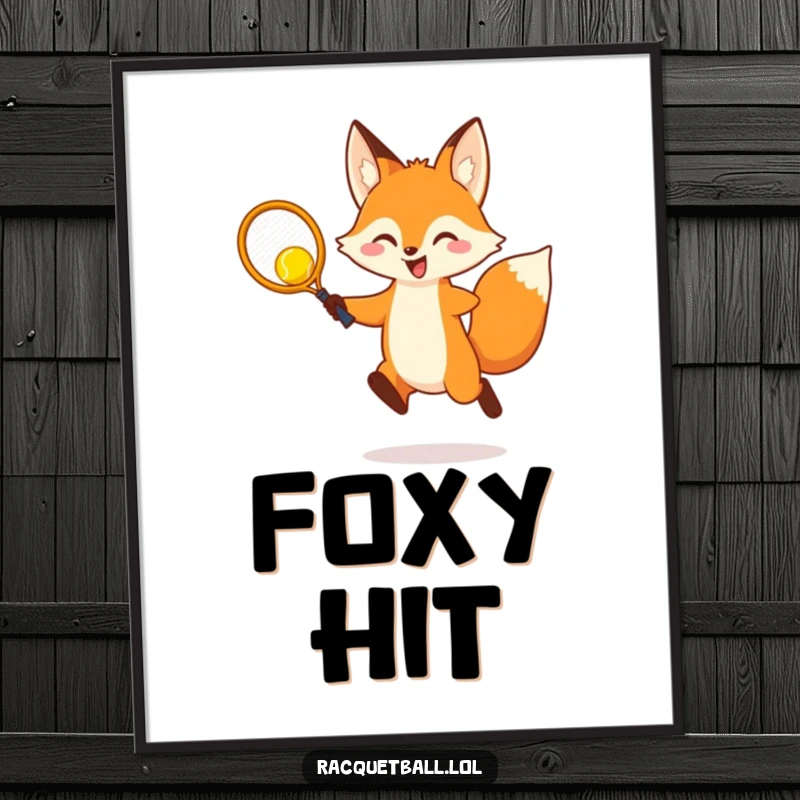 Funny Digital Art Print: A cheerful fox leaps to strike a yellow racquetball with a small racquet, capturing dynamic playful energy.