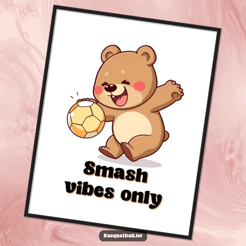 Funny digital art print of a cheerful bear lunging powerfully to smash a ball, perfect for energetic and humorous wall decor.