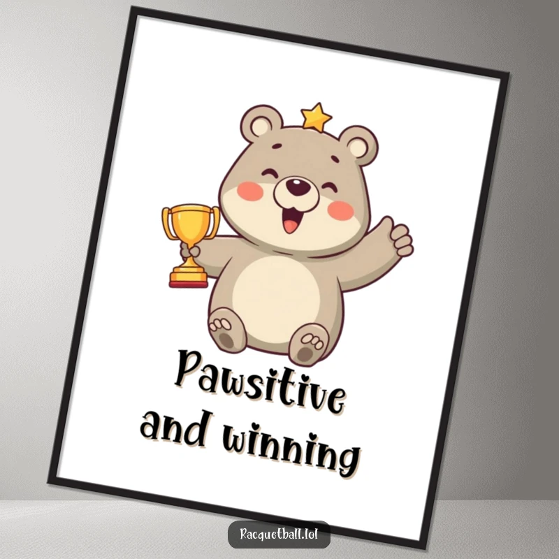 Funny digital art print showing a proud bear character holding a comically small trophy after scoring a point, perfect for humorous sports-themed decor.