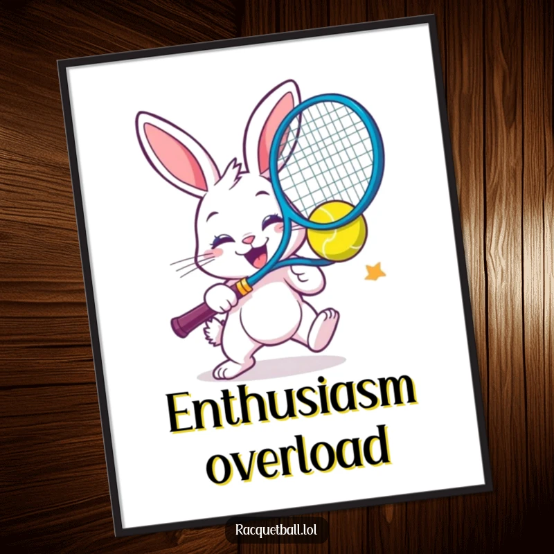 Funny digital art print of a cheerful bunny smashing a colorful racquetball with extreme enthusiasm.