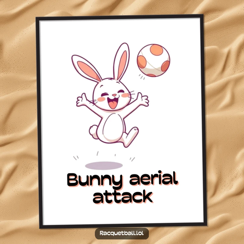 Funny digital art print of a cheerful bunny character leaping high to hit a floating ball, instant decor.