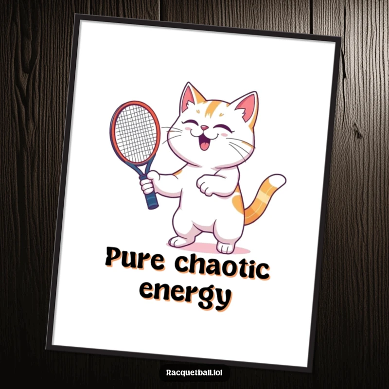 Funny cat racquetball digital art print of an ecstatic cat shaking a racquetboard with pure glee, capturing the spirit of fun.