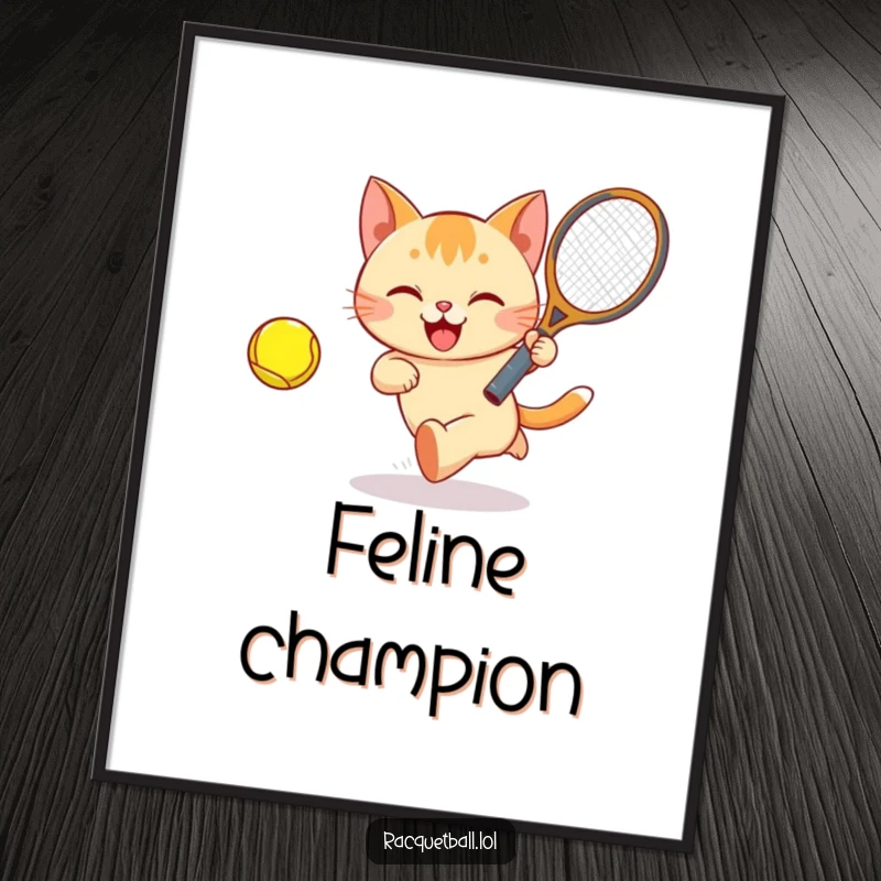 Funny Cat Tennis Digital Art Print of a happy cat bounding after a brightly colored ball with a racquet, ideal for game rooms.