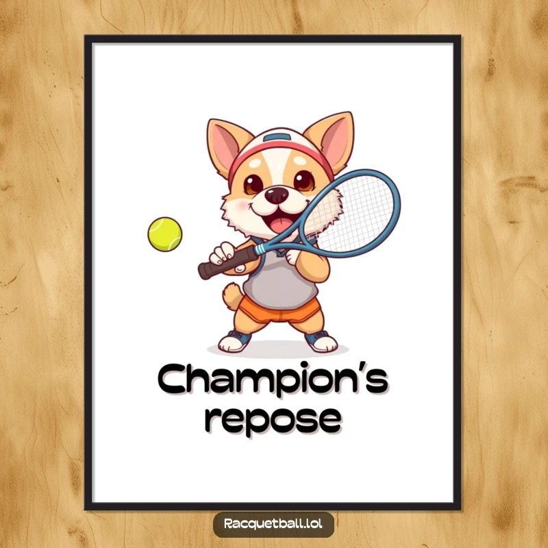 Funny dog tennis digital art print of a determined dog in athletic gear smashing a tennis ball powerfully.