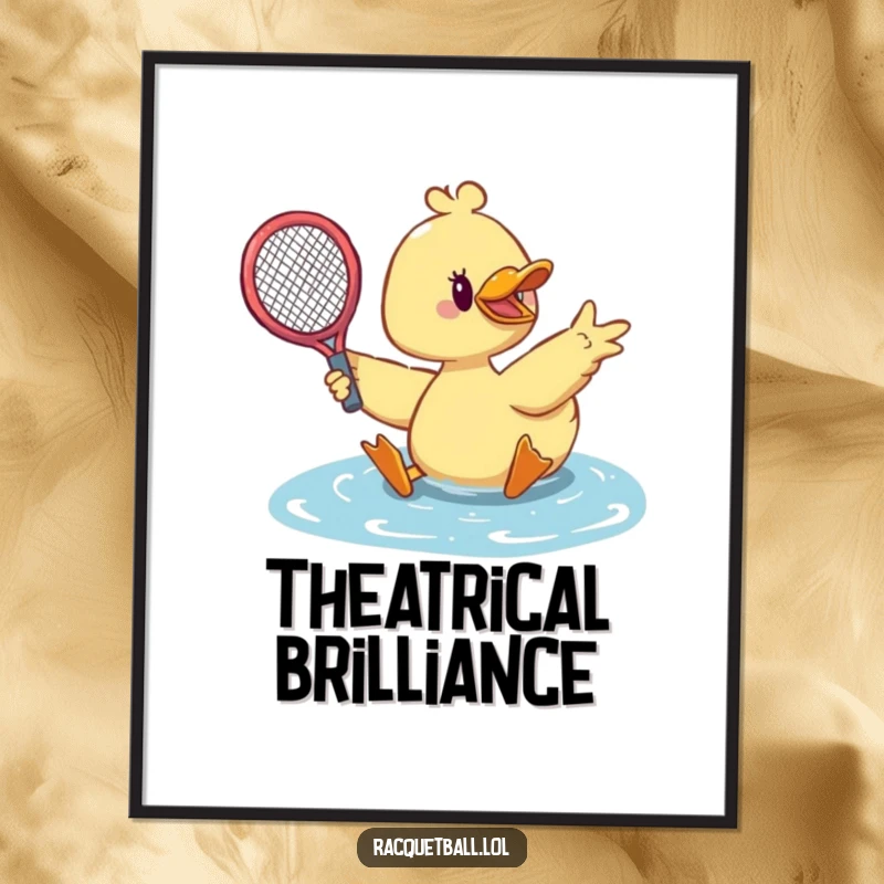 Funny duck tennis digital art print of a cute duck sliding dramatically with a racquet outstretched to make a save.