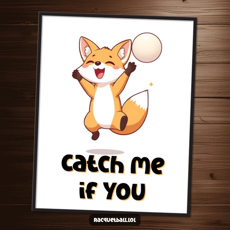 Funny fox jumping digital art print of a delighted fox leaping high to hit a floating ball, conveying pure happiness.