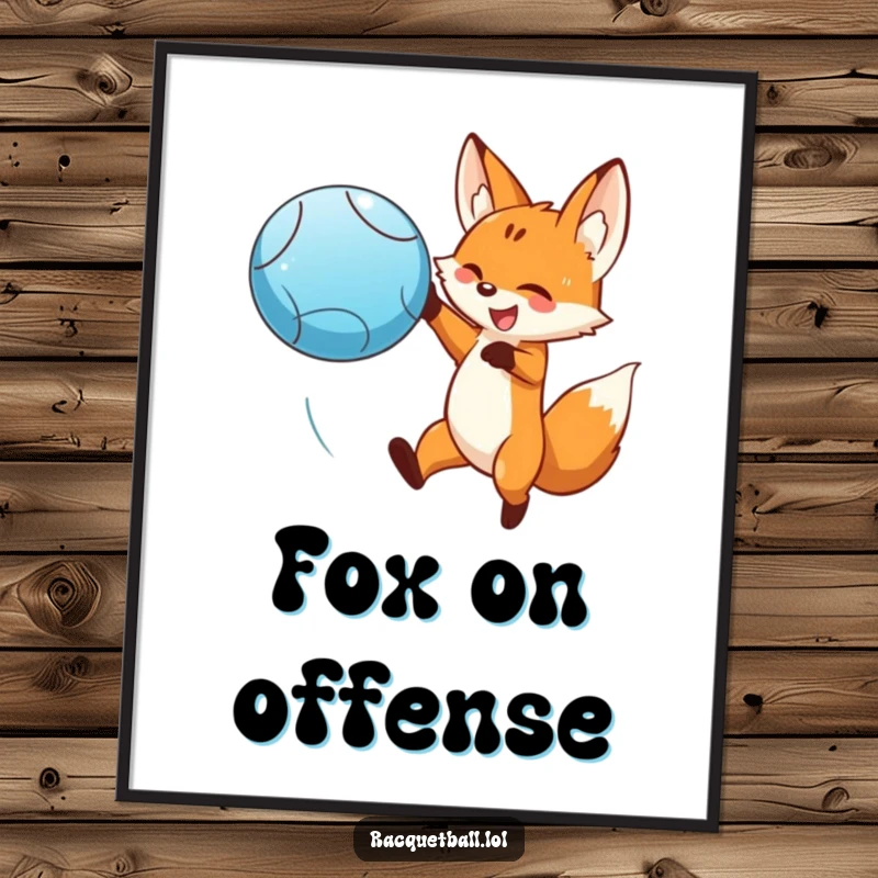 Funny smiling fox leaping dramatically to hit a blue ball, digital art print. A dramatic funny gift for instant decor.