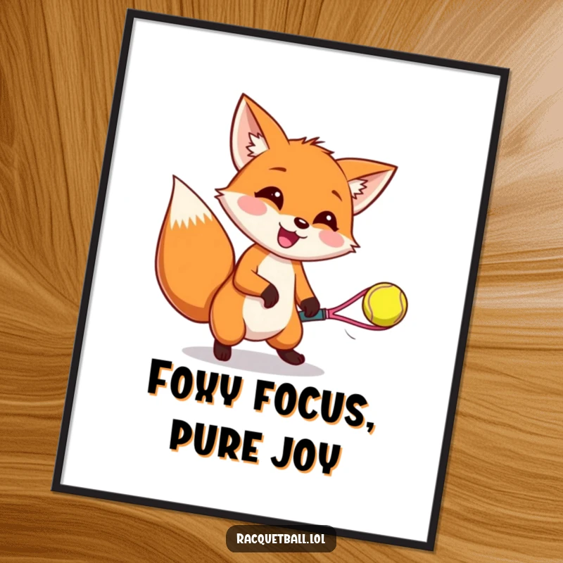 Funny digital art print of a happy fox wiggling ears while catching a bouncing racquetball, full of energy and joy.
