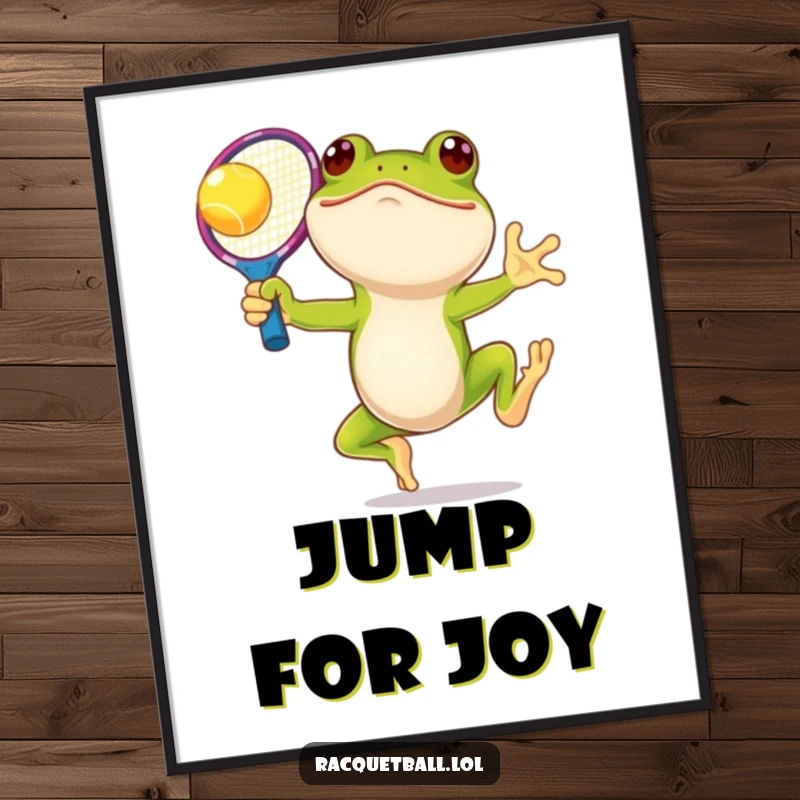 Funny frog tennis digital art print, a smiling amphibian leaping with an oversized racquet, capturing playful energy and athletic fun.