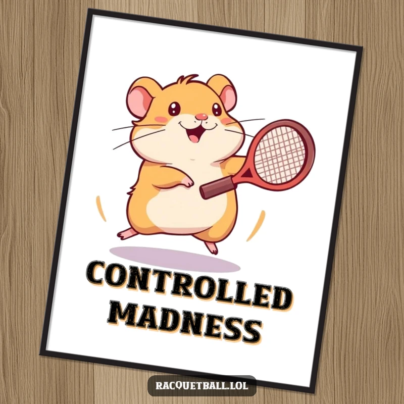 Funny hamster tennis digital art print of an energetic hamster spinning frantically with a tennis racquet.