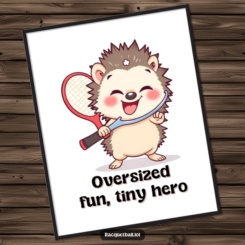 Funny digital art print of a small hedgehog giggling gleefully, holding a comically oversized racquetball paddle in playful action.