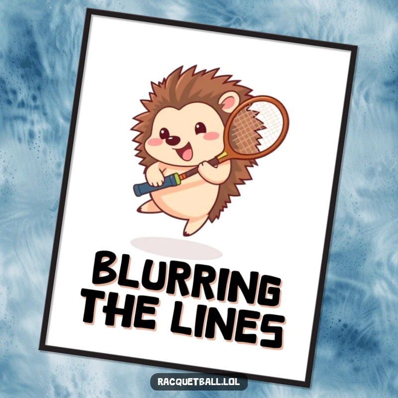 Funny hedgehog tennis digital art print, a happy athlete spinning with a racquet, capturing motion and playful energy.