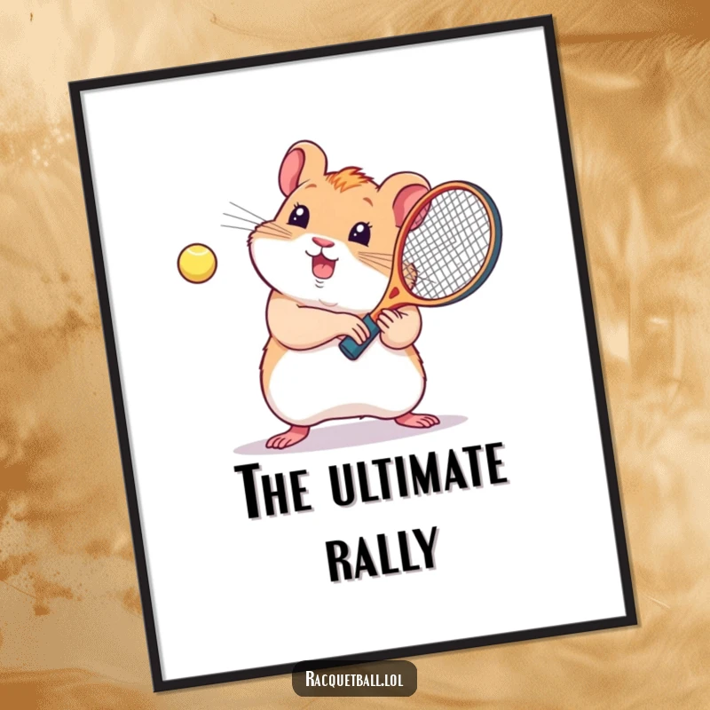 Funny digital art print, a cute kawaii hamster enthusiastically playing racquetball, creating instant joy.