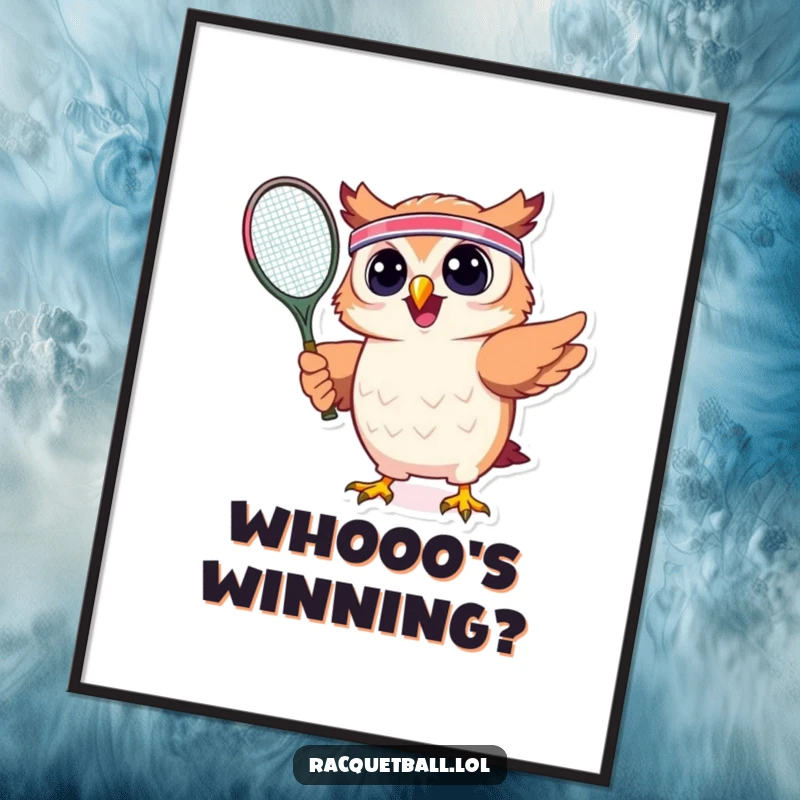 Funny digital art print showing an energetic owl with a headband, mid-swing with a tennis racquet, perfect for humorous sports-themed decor.