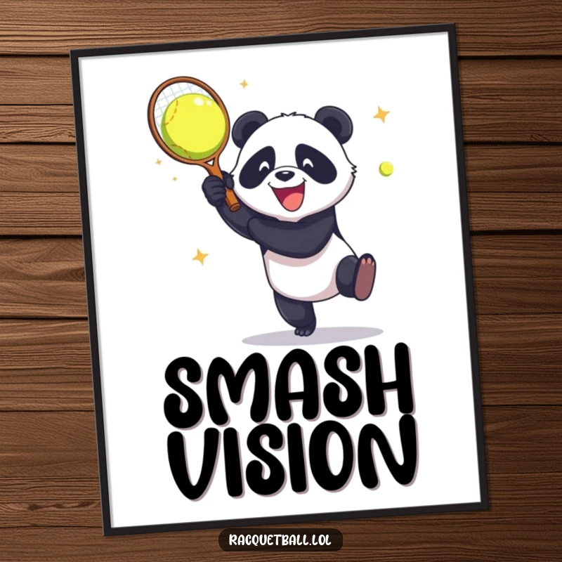 Funny Digital Art Print: A panda aggressively smashes a racquetball against a wall with pure, unadulterated glee, creating a dynamic artwork.