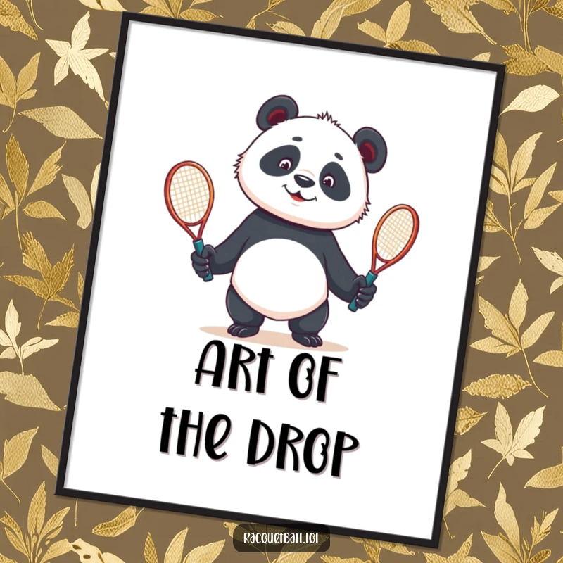 Funny digital art print of a curious panda comically juggling two tennis racquets, ready to add humor to any space.