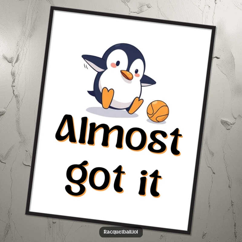 Funny digital art print showing a clumsy penguin sliding on a tennis court, comically missing the ball, perfect for humorous sports-themed decor.