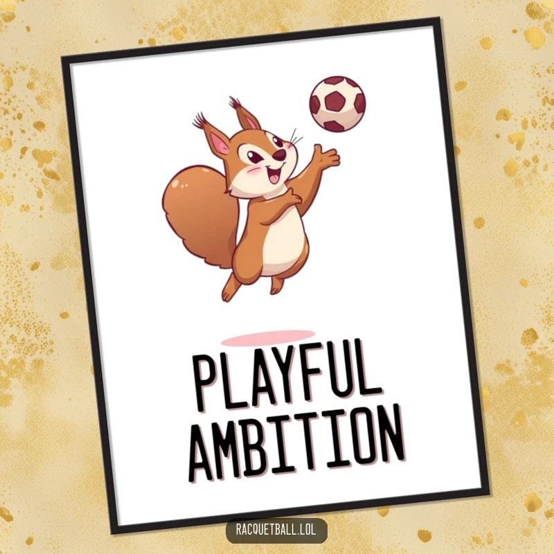 Funny digital art print of a determined squirrel leaping high, hitting a ball with a playful smile.