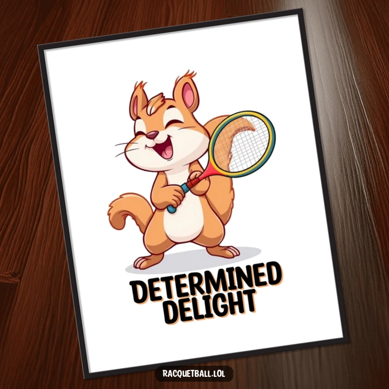 Funny squirrel tennis digital art print of a joyful squirrel swinging a tiny racquet with immense effort.