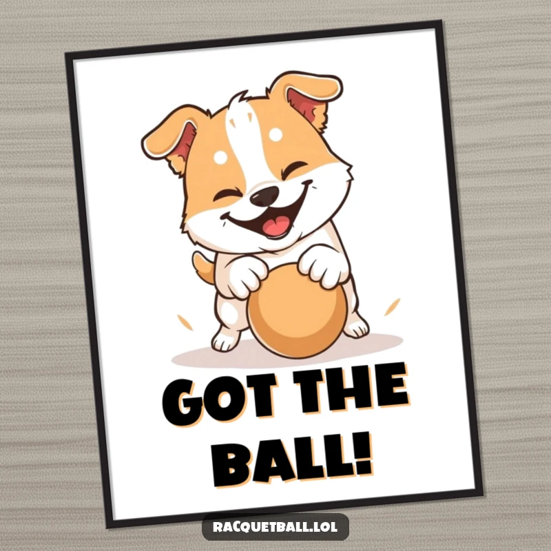 Funny digital art print of a dog with a determined grin hitting a ball with a playful pounce, perfect for humorous, energetic decor.
