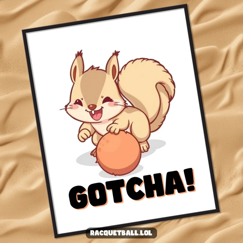 Funny digital art print of a happy squirrel making a determined dive for a fuzzy ball, perfect for humorous, energetic decor.