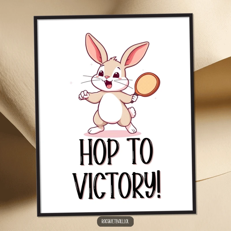 Funny bouncing bunny with a racquetball paddle, digital art print. A sporty funny gift for instant decor.