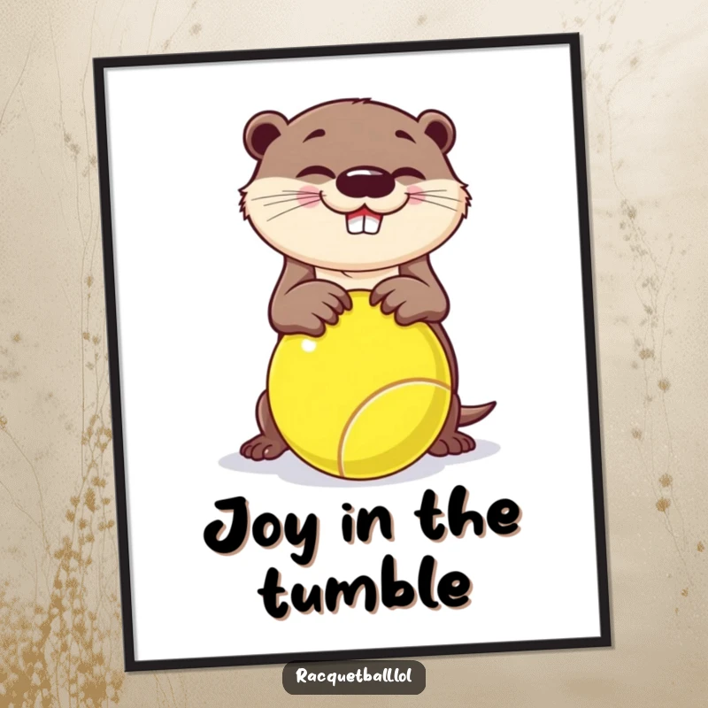 Funny digital art print, a playful otter comically tripping over a giant racquetball, creating instant amusement.