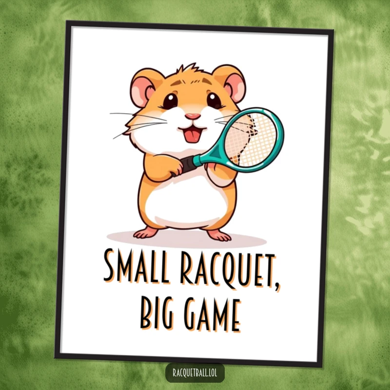 Funny digital art print of a determined hamster character swinging a miniature plastic tennis racquet, instant decor.