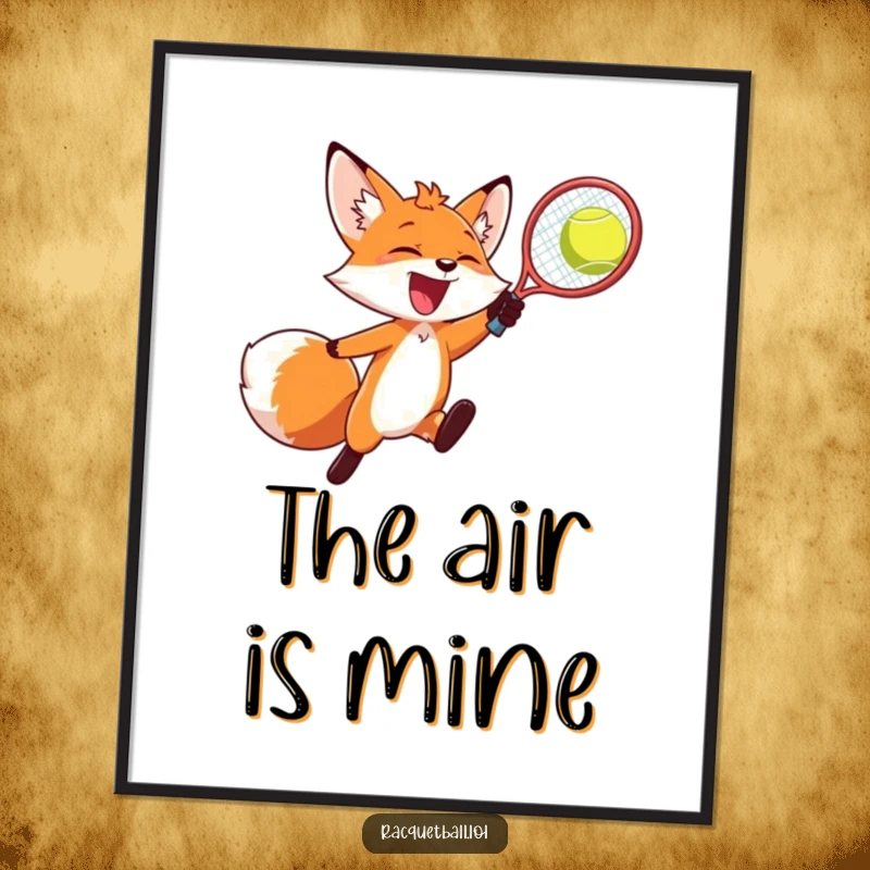 Funny digital art print, a joyful fox leaping to smash a racquetball mid-air, creating dynamic excitement.