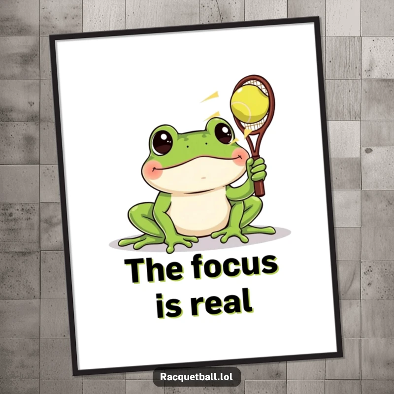 Funny digital art print of a frog with wide, amazed eyes watching a racquetball zoom past, a humorous image for instant download.