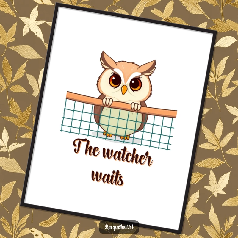 Funny Owl Digital Art: High-resolution printable art of a curious owl peeking from behind a racquetball net, full of gentle humor.