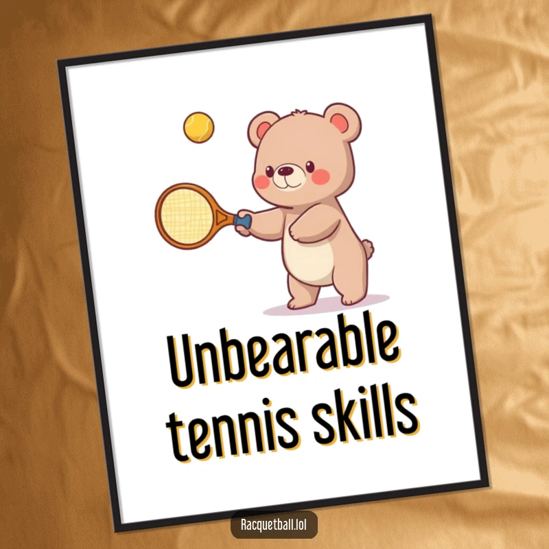 Funny digital art print of a small bear with a comically oversized tennis racquet, energetically swatting a bouncing ball upwards, full of playful spirit.