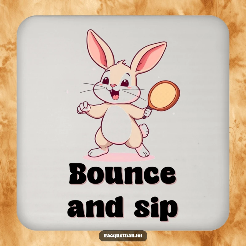 Funny bunny swinging a racquetball paddle on a drink coaster. A sporty funny gift for tables.