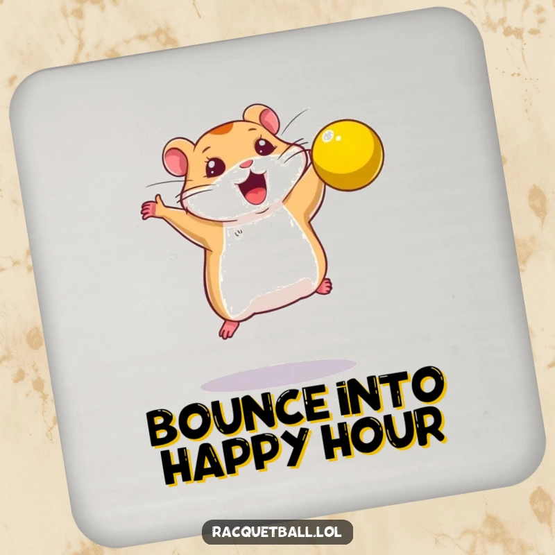 Funny coaster set featuring a determined hamster leaping to smash a bright yellow ball, offering protection.
