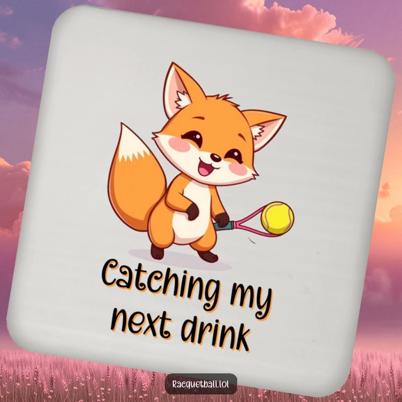 Funny coaster with a happy fox catching a bouncing racquetball, protecting surfaces with playful charm.