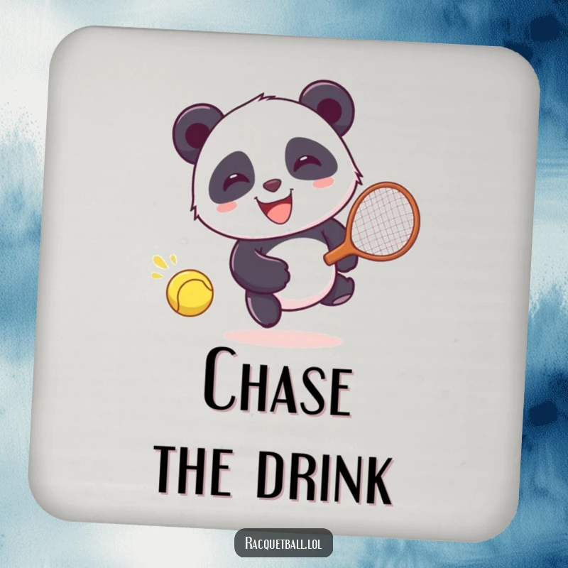 Funny Coaster: Giggling panda character joyfully chasing a runaway racquetball, bringing playful humor to table protection.