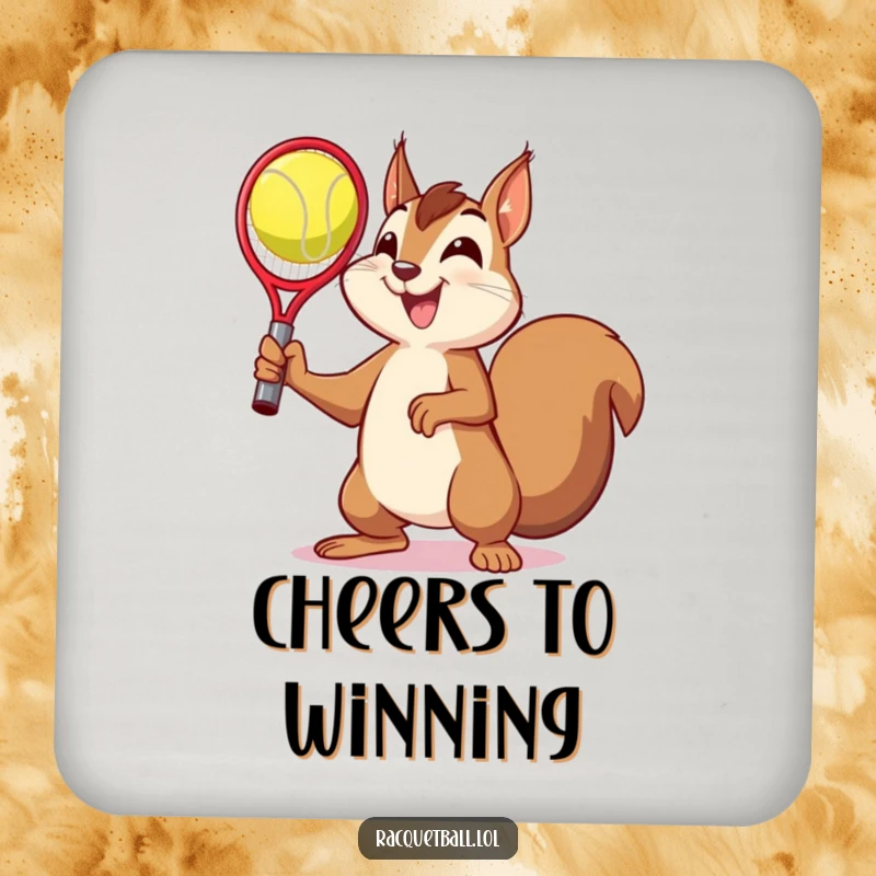 Funny drink coaster featuring a squirrel in a victory pose with a racquetball, protecting surfaces with humorous celebration.