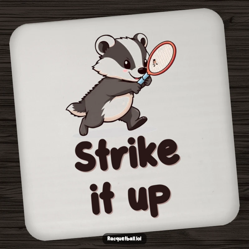Funny badger tennis coasters, a determined athlete lunging with a racquet, protecting surfaces with intense focus and sporty flair.