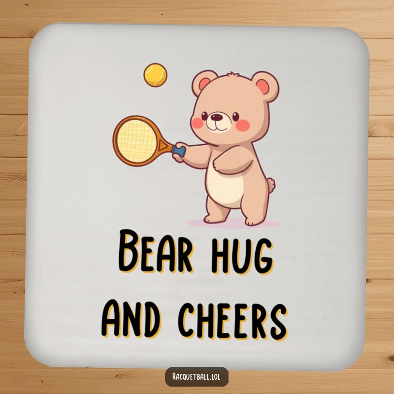 Funny drink coaster featuring a small bear with an oversized tennis racquet, playfully swatting a bouncing ball upwards, protecting tables.