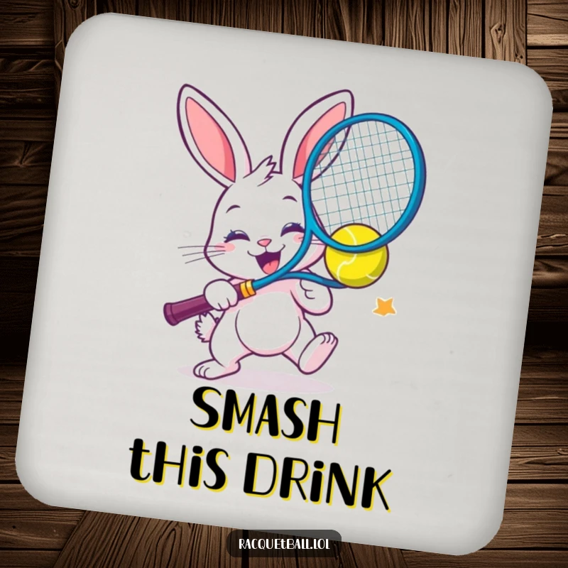 Funny coaster set featuring a cheerful bunny smashing a colorful racquetball with extreme enthusiasm.