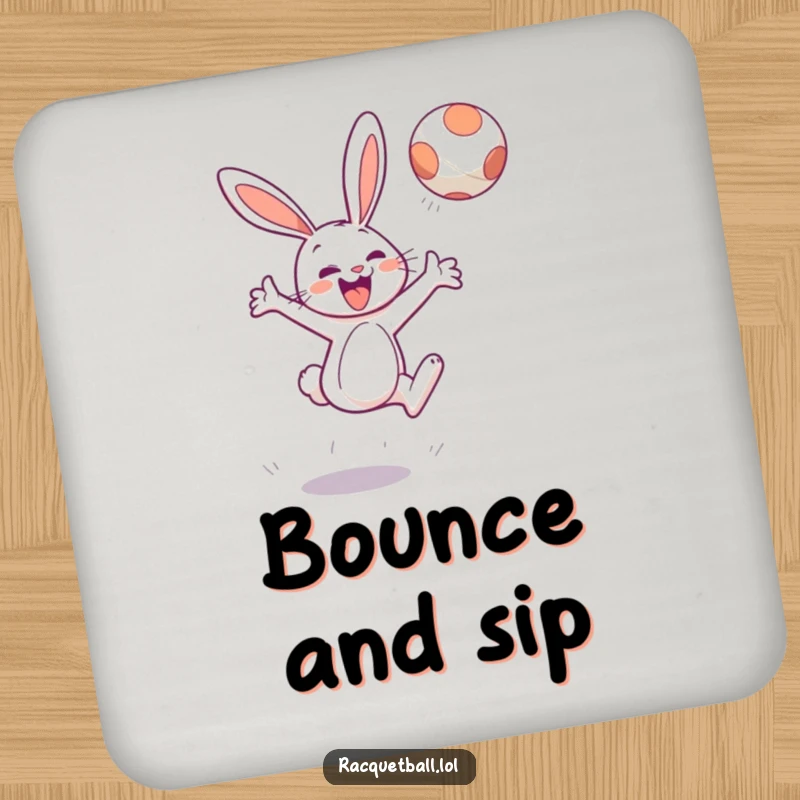 Funny drink coaster with a cheerful bunny character leaping high to hit a floating ball, surface protection.
