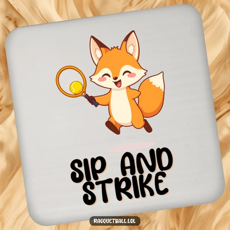 Funny Coaster: A cheerful fox leaps to hit a racquetball with a tiny racquet, protecting surfaces with playful charm.