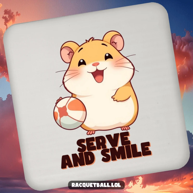Funny Hamster Coaster: A coaster depicting a happy hamster serving a ball with a big smile, offering surface protection with cuteness.