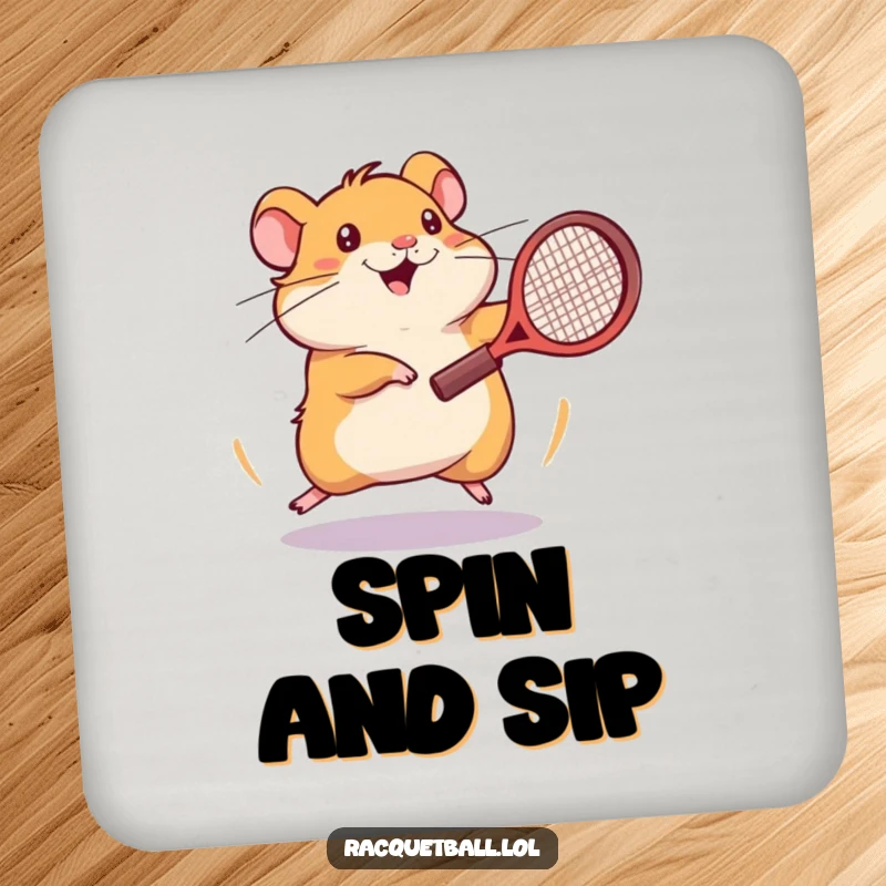 Funny hamster tennis drink coaster featuring an energetic hamster spinning frantically with a tennis racquet.